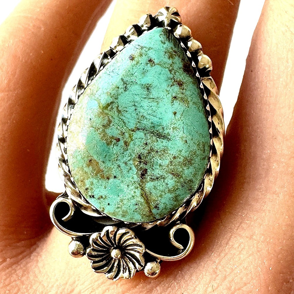 Native American Turquoise Ring Sz 8 Pear‎ Flower Signed Lewis Sterling Navajo